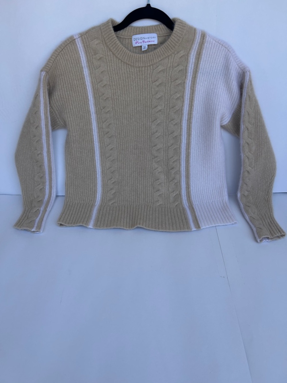 Design History Beige and Cream Cable Knit Crewneck Sweater